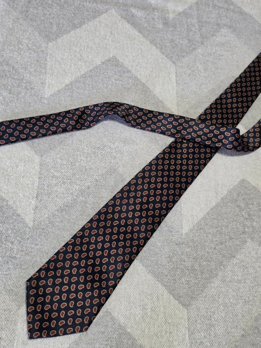 Handmade Mens Paisley Print Tie Navy Red Gold Silk Classic Formal Accessory